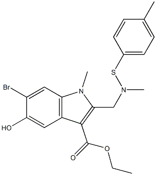 乙基 6-溴-5-羟基-1-甲基-2-((P-苯甲基硫代甲基氨基)甲基)-1H-吲哚-3-羧酸酯结构式