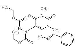 1,2-Hydrazinedicarboxylicacid,1-[hexahydro-1,3-dimethyl-2,4-dioxo-6-[2-(phenylmethylene)hydrazinylidene]-5-pyrimidinyl]-,1,2-diethyl ester结构式