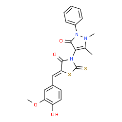 (E)-3-(1,5-dimethyl-3-oxo-2-phenyl-2,3-dihydro-1H-pyrazol-4-yl)-5-(4-hydroxy-3-methoxybenzylidene)-2-thioxothiazolidin-4-one structure