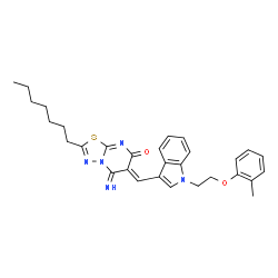 (6Z)-2-heptyl-5-imino-6-({1-[2-(2-methylphenoxy)ethyl]-1H-indol-3-yl}methylidene)-5,6-dihydro-7H-[1,3,4]thiadiazolo[3,2-a]pyrimidin-7-one structure