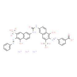 trisodium 3-[[1-hydroxy-6-[[[[5-hydroxy-6-(phenylazo)-7-sulphonato-2-naphthyl]amino]carbonyl]amino]-3-sulphonato-2-naphthyl]azo]benzoate structure