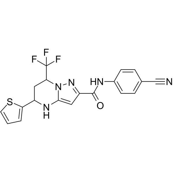 N-(4-cyanophenyl)-5-(thiophen-2-yl)-7-(trifluoromethyl)-4,5,6,7-tetrahydropyrazolo[1,5-a]pyrimidine-2-carboxamide structure