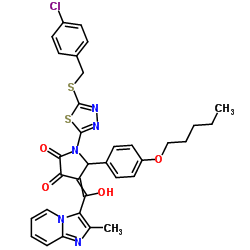 1-[5-[(4-chlorophenyl)methylsulfanyl]-1,3,4-thiadiazol-2-yl]-4-[hydroxy-(2-methylimidazo[1,2-a]pyridin-3-yl)methylidene]-5-(4-pentoxyphenyl)pyrrolidine-2,3-dione Structure