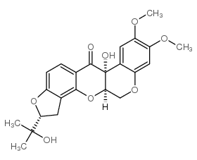 (1)Benzopyrano(3,4-b)furo(2,3-h)(1)benzopyran-6(6aH)-one, 1,2,12,12a-t etrahydro-6a-hydroxy-2-(1-hydroxy-1-methylethyl)-8,9-dimethoxy-, (2R-( 2alpha,6aalpha,12aalpha))结构式