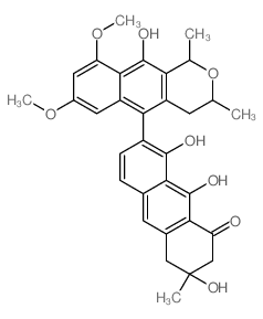 1(2H)-Anthracenone,7-[(1R,3S)-3,4-dihydro-10-hydroxy-7,9-dimethoxy-1,3-dimethyl-1H-naphtho[2,3-c]pyran-5-yl]-3,4-dihydro-3,8,9-trihydroxy-3-methyl-,(7S)- (9CI)结构式