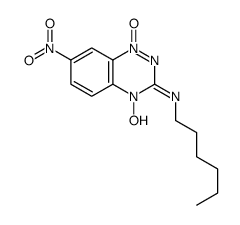 N-hexyl-4-hydroxy-7-nitro-1-oxido-1,2,4-benzotriazin-1-ium-3-imine结构式