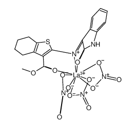 [La(nitrate)3(2-(N-indole-2-one)amino-3-carboxymethyl-4,5,6,7-tetrahydrobenzo[b]thiophene)] Structure