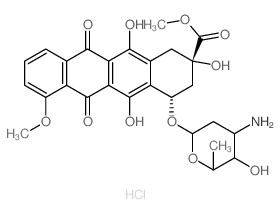 2-Naphthacenecarboxylic acid, 4-[(3-amino-2,3, 6-trideoxy-.alpha.-L-lyxo-hexopyranosyl)oxy]-1,2,3,4,6, 11-hexahydro-2,5,12-trihydroxy-7-methoxy-6,11-dioxo-, methyl ester, hydrochloride, (2S-cis)-结构式
