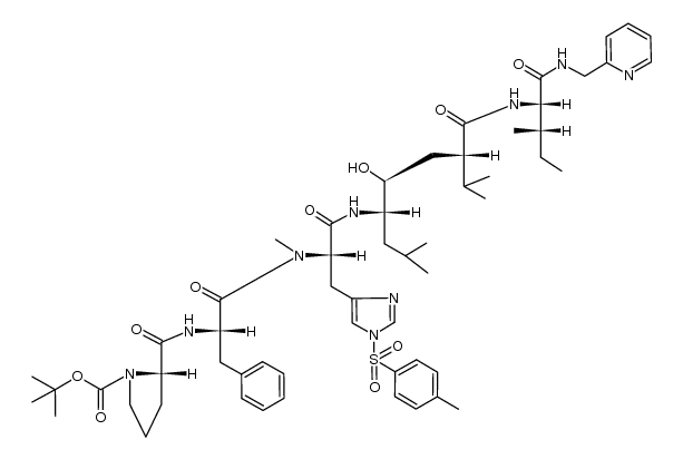 N-[N-[N-[Nα-[(tert-butyloxycarbonyl)-L-prolyl-L-phenylalanyl]-Nα-methyl-Nim-tosyl-L-histydyl]-5(S)-amino-4(S)-hydroxy-2(S)-isopropyl-7-methyloctanoyl]-L-isoleucyl]-2-pyridylmethylamine Structure