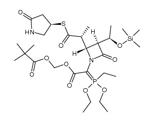 (2-(diethoxy(ethyl)-l5-phosphanylidene)-2-((3S,4S)-2-oxo-4-((R)-1-oxo-1-(((R)-5-oxopyrrolidin-3-yl)thio)propan-2-yl)-3-((R)-1-((trimethylsilyl)oxy)ethyl)azetidin-1-yl)acetoxy)methyl pivalate结构式