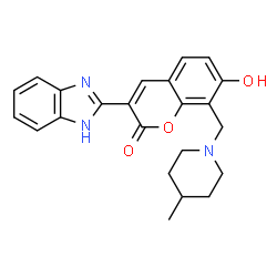 3-(1H-benzo[d]imidazol-2-yl)-7-hydroxy-8-((4-methylpiperidin-1-yl)methyl)-2H-chromen-2-one Structure