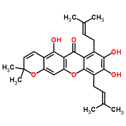 5,8,9-Trihydroxy-2,2-dimethyl-7,10-bis(3-methyl-2-buten-1-yl)-2H,6H-pyrano[3,2-b]xanthen-6-one Structure