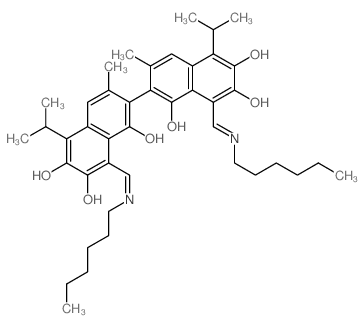 (1Z)-1-[(hexylamino)methylidene]-7-[(8Z)-8-[(hexylamino)methylidene]-1,6-dihydroxy-3-methyl-7-oxo-5-propan-2-yl-naphthalen-2-yl]-3,8-dihydroxy-6-methyl-4-propan-2-yl-naphthalen-2-one结构式