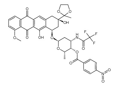 (2S,3S,4S,6R)-6-(((1R,3R)-3,12-dihydroxy-10-methoxy-3-(2-methyl-1,3-dioxolan-2-yl)-6,11-dioxo-1,2,3,4,6,11-hexahydrotetracen-1-yl)oxy)-2-methyl-4-(2,2,2-trifluoroacetamido)tetrahydro-2H-pyran-3-yl 4-nitrobenzoate结构式