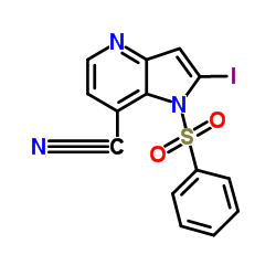 2-Iodo-1-(phenylsulfonyl)-1H-pyrrolo[3,2-b]pyridine-7-carbonitrile结构式