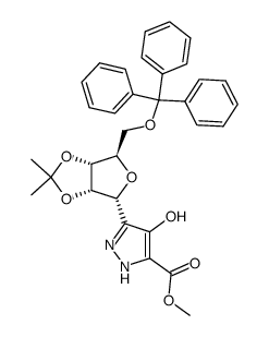 methyl 4-hydroxy-3-(2',3'-O-isopropylidene-5'-O-trityl-α-D-ribofuranosyl)pyrazole-5-carboxylate Structure
