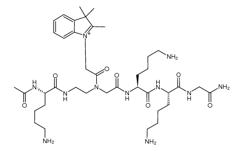 1-((7S,10S)-3-(2-((S)-2-acetamido-6-aminohexanamido)ethyl)-14-amino-7,10-bis(4-aminobutyl)-2,5,8,11,14-pentaoxo-3,6,9,12-tetraazatetradecyl)-2,3,3-trimethyl-3H-indol-1-ium Structure