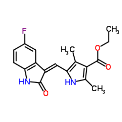 (Z)-ethyl 5-((5-fluoro-2-oxoindolin-3-ylidene)Methyl)-2,4-dimethyl-1H-pyrrole-3-carboxylate结构式