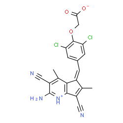 {4-[(2-amino-3,7-dicyano-4,6-dimethyl-5H-cyclopenta[b]pyridin-5-ylidene)methyl]-2,6-dichlorophenoxy}acetic acid structure