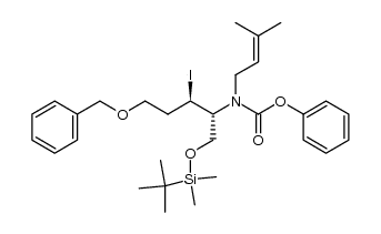 phenyl ((2R,3R)-5-(benzyloxy)-1-((tert-butyldimethylsilyl)oxy)-3-iodopentan-2-yl)(3-methylbut-2-en-1-yl)carbamate结构式