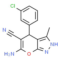 6-amino-4-(3-chlorophenyl)-3-methyl-1,4-dihydropyrano[2,3-c]pyrazole-5-carbonitrile structure