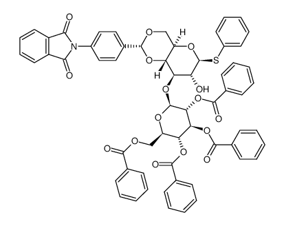 (2R,3R,4S,5R,6S)-2-((benzoyloxy)methyl)-6-(((2R,4aR,6S,7R,8R,8aR)-2-(4-(1,3-dioxoisoindolin-2-yl)phenyl)-7-hydroxy-6-(phenylthio)hexahydropyrano[3,2-d][1,3]dioxin-8-yl)oxy)tetrahydro-2H-pyran-3,4,5-triyl tribenzoate Structure