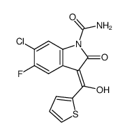 (Z)-5-Fluoro-6-chloro-2,3-dihydro-3-[hydroxy-(2-thienyl)methylene]-2-oxo-1H-indole-1-carboxamide结构式
