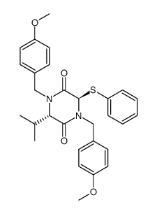 (2R,5S)-N,N'-bis-(p-methoxybenzyl)-5-isopropyl-2-phenylthio-piperazine-3,6-dione结构式
