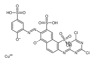 trihydrogen [2-[(4,6-dichloro-1,3,5-triazin-2-yl)amino]-5-hydroxy-6-[(2-hydroxy-5-sulphophenyl)azo]naphthalene-1,7-disulphonato(5-)]cuprate(3-) Structure