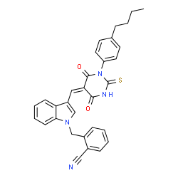 2-({3-[(1-(4-butylphenyl)-4,6-dioxo-2-thioxotetrahydro-5(2H)-pyrimidinylidene)methyl]-1H-indol-1-yl}methyl)benzonitrile Structure