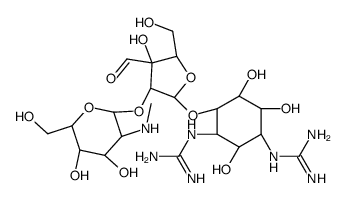 N,N'-Bis(aminoiminomethyl)-4-O-[2-O-(2-deoxy-2-methylamino-α-L-glucopyranosyl)-3-C-formyl-α-L-lyxofuranosyl]-D-streptamine Structure