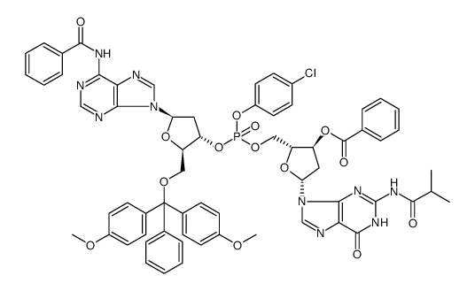 N-benzoyl-5'-O-[bis(4-methoxyphenyl)phenylmethyl]-P-(4-chlorophenyl)-2'-deoxyadenylyl-(3'→5')-2'-deoxy-N-(2-methyl-1-oxopropyl)guanosine 3'-benzoate structure