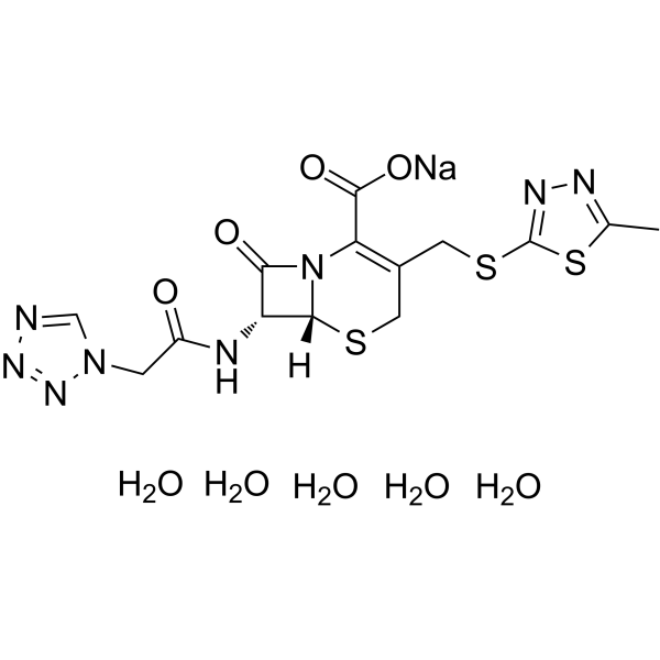 sodium,(6R,7R)-3-[(5-methyl-1,3,4-thiadiazol-2-yl)sulfanylmethyl]-8-oxo-7-[[2-(tetrazol-1-yl)acetyl]amino]-5-thia-1-azabicyclo[4.2.0]oct-2-ene-2-carboxylate,pentahydrate结构式