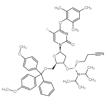 5'-o-(4,4'-dimethoxytrityl)-5-fluoro-o4-(2,4,6-trimethylphenyl)-2'-deoxyuridine, 3'-[(2-cyanoethyl)-(n,n-diisopropyl)]phosphoramidite结构式