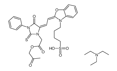 triethylammonium C-2-oxopropyl 4-oxo-3-phenyl-5-[[3-(4-sulphonatobutyl)benzoxazol-2(3H)-ylidene]ethylidene]-2-thioxoimidazolidine-1-acetate结构式