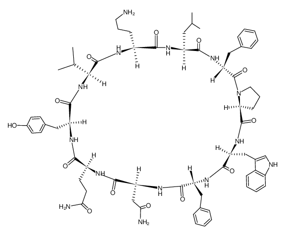 Cyclo(L-Asn-L-Gln-L-Tyr-L-Val-L-Orn-L-Leu-D-Phe-L-Pro-L-Trp-D-Phe-)结构式