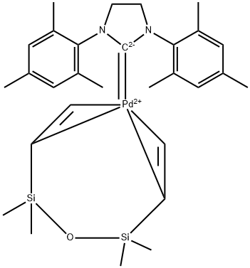 [1,3-二(2,4,6-三甲基苯基)-2-二氢咪唑-亚基][1,3-二乙烯基-1,1,3,3,-四甲基二硅氧烷]钯(0)结构式