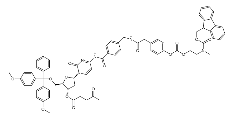 (2R,3S,5R)-5-(4-(4-((2-(4-(((2-((((9H-fluoren-9-yl)methoxy)carbonyl)(methyl)amino)ethoxy)carbonyl)oxy)phenyl)acetamido)methyl)benzamido)-2-oxopyrimidin-1(2H)-yl)-2-((bis(4-methoxyphenyl)(phenyl)methoxy)methyl)tetrahydrofuran-3-yl 4-oxopentanoate结构式
