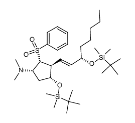 (1S,2R,3S,4R)-cis-4-(tert-Butyldimethylsiloxy)-trans-3-[(E,S)-3'-(tert-butyldimethylsiloxy)-1'-octenyl]-1-(dimethylamino)-cis-2-(phenylsulfonyl)cyclopentane结构式
