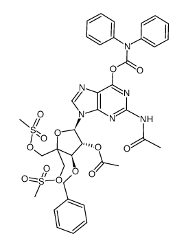 9-(2-O-acetyl-3-O-benzyl-5-O-methanesulfonyl-4-C-methanesulfonyloxymethyl-α-L-threo-pentofuranosyl)-2-N-acetyl-6-O-(diphenylcarbamoyl)guanine Structure