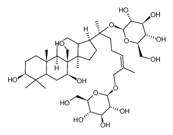 (20S)-3β,6α,7β,20,27-pentahydroxy-dammar-24-ene 20,27-bis-O-β-D-glucopyranoside结构式