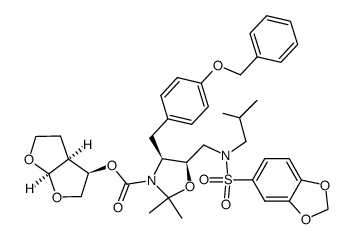 N-(3R,3aS,6aR)-hexahydrofuro[2,3-b]furan-3-yl-oxycarbonyl-, (4S,5R)-4-(4-benzyloxy-benzyl)-5-i-butyl-[(3,4-methylenedioxyphenyl)sulfonyl]-aminomethyl-2,2-dimethyl-oxazolidine Structure