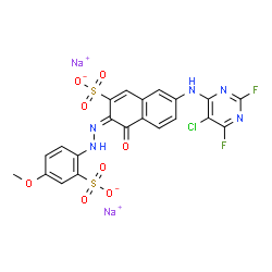 disodium 7-[(5-chloro-2,6-difluoropyrimidin-4-yl)amino]-4-hydroxy-3-[(4-methoxy-2-sulphonatophenyl)azo]naphthalene-2-sulphonate Structure