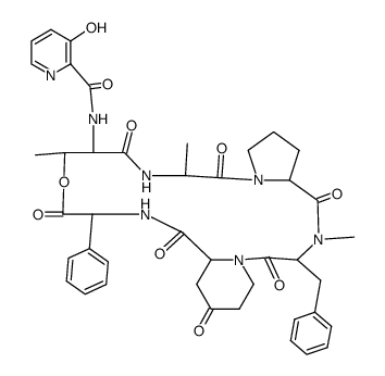 N-[(3-Hydroxy-2-pyridinyl)carbonyl]cyclo[L-Thr*-D-Ala-L-Pro-N-methyl-L-Phe-4-oxo-L-pipecoloyl-L-phenyl Gly-]结构式