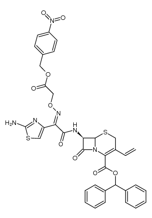 diphenylmethyl 7β-<(E)-2-(2-amino-4-thiazolyl)-2-p-nitrobenzyloxycarbonylmethoxyiminoacetamido>-3-vinyl-3-cephem-4-carboxylate Structure