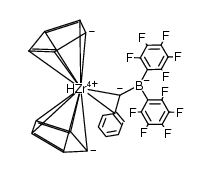 Cp2Zr(η(3)-CH(C6H5)[(μ-H)B(pentafluorophenyl)2]) Structure