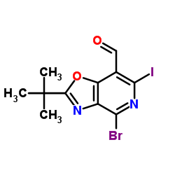 4-Bromo-6-iodo-2-(2-methyl-2-propanyl)[1,3]oxazolo[4,5-c]pyridine-7-carbaldehyde Structure