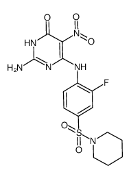 2-amino-6-[2-fluoro-4-(piperidin-1-sulfonyl)phenylamino]-5-nitro-3H-pyrimidin-4-one Structure