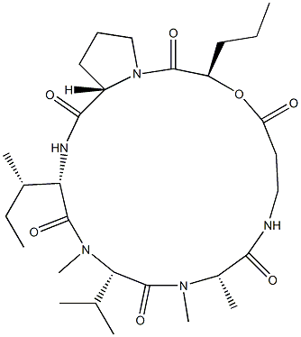 N-[N-[(2R)-1-Oxo-2-hydroxypentyl]-L-Pro-L-Ile-N-methyl-L-Val-N-methyl-L-Ala-]-β-alanine lactone结构式