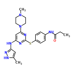 N-(4-(4-(3-Methyl-1H-pyrazol-5-ylamino)-6-(4-Methylpiperazin-1-yl)pyrimidin-2-ylthio)phenyl)propionamide结构式